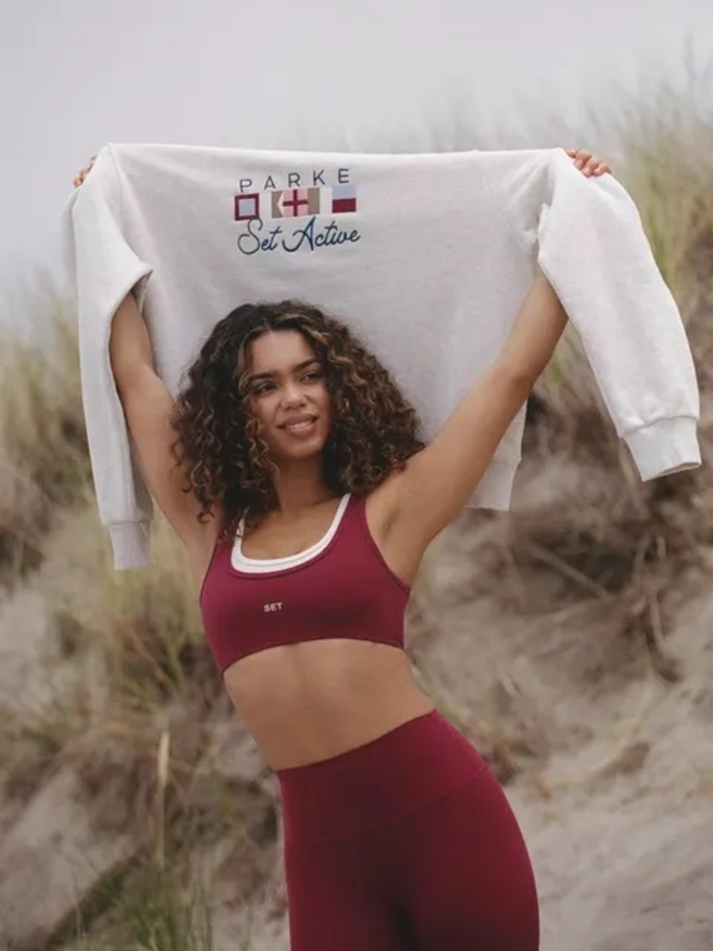 SET Active x PARKE Women's Wine Red Scoop Sports Bra and leggings